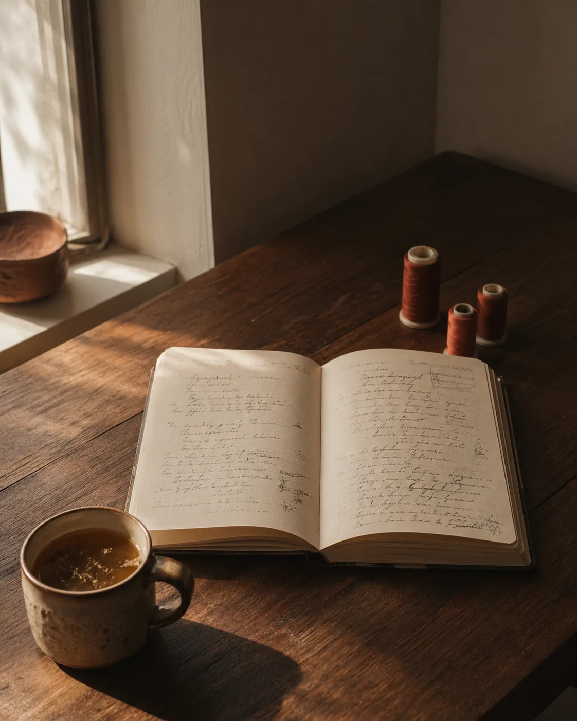 Рабочий стол мастерской — журнал, нити и кружка в тёплом свете