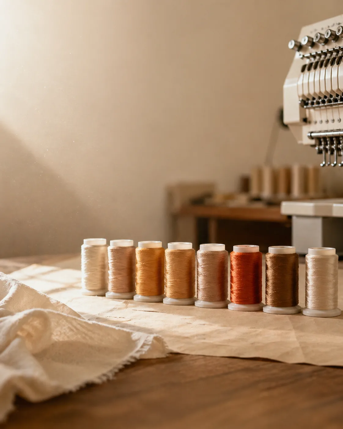Тёплая мастерская — нити Madeira и фрагмент кремовой ткани в рабочем процессе