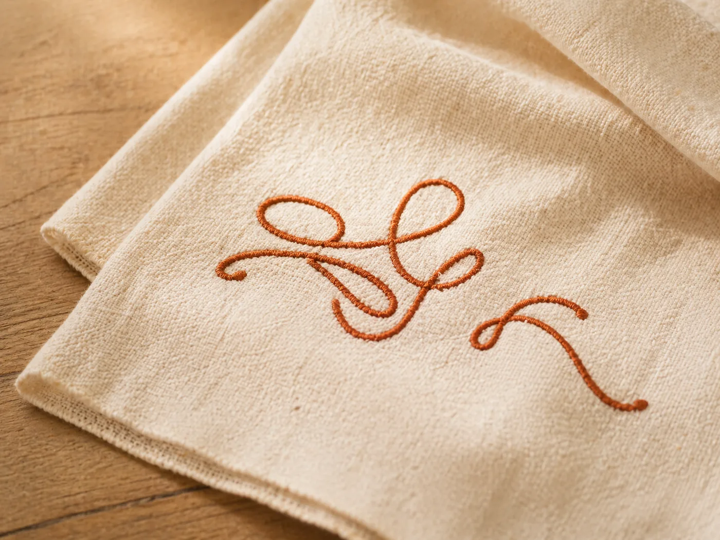 Готовая терракотовая вышивка на кремовом полотенце