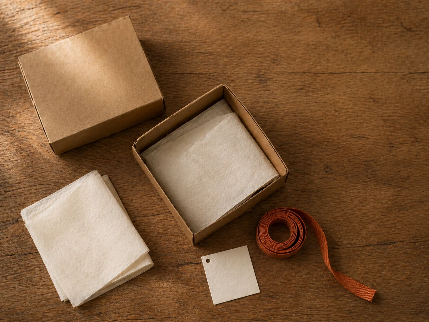 Материалы для упаковки — крафт-коробка, тиссью, терракотовая лента