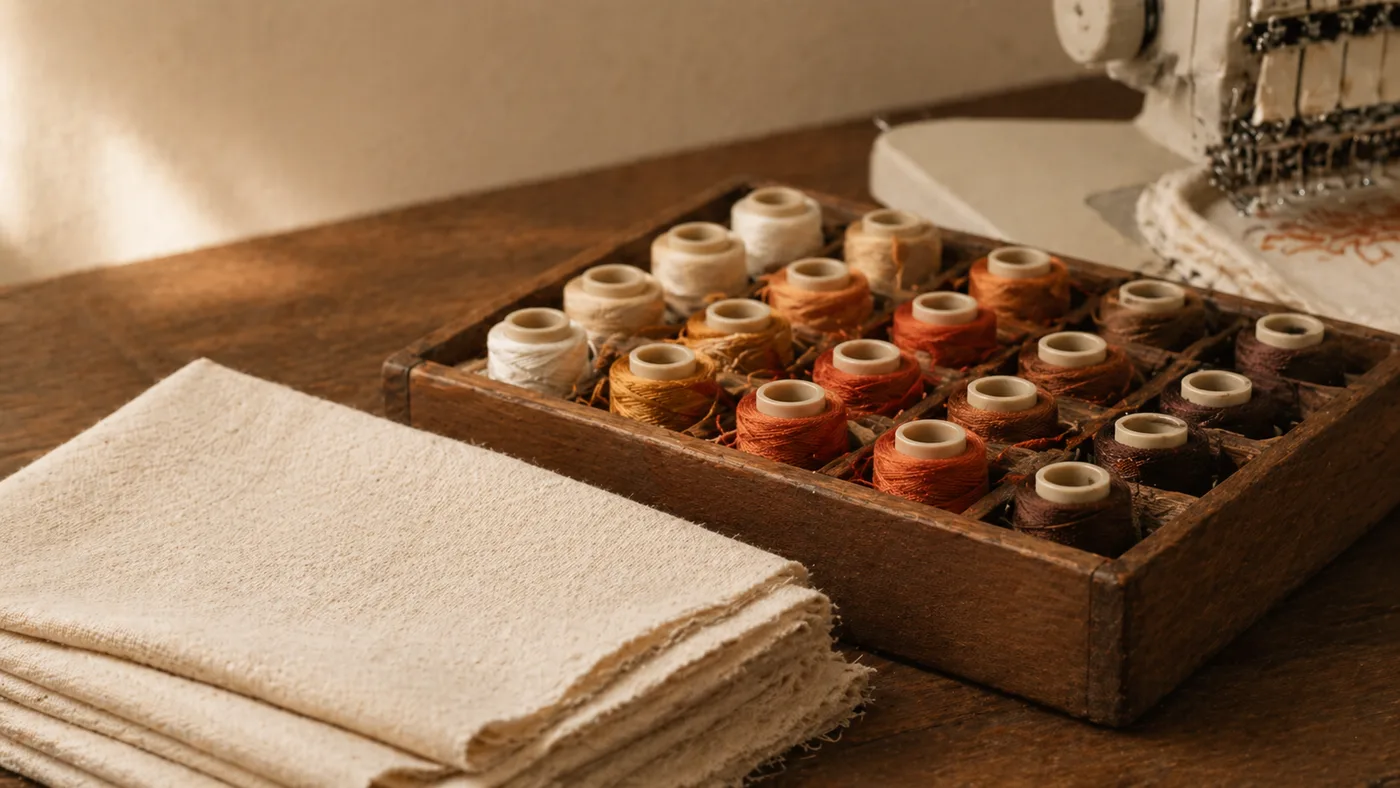 Уголок мастерской — органайзер с нитями, ткань, край вышивальной машины