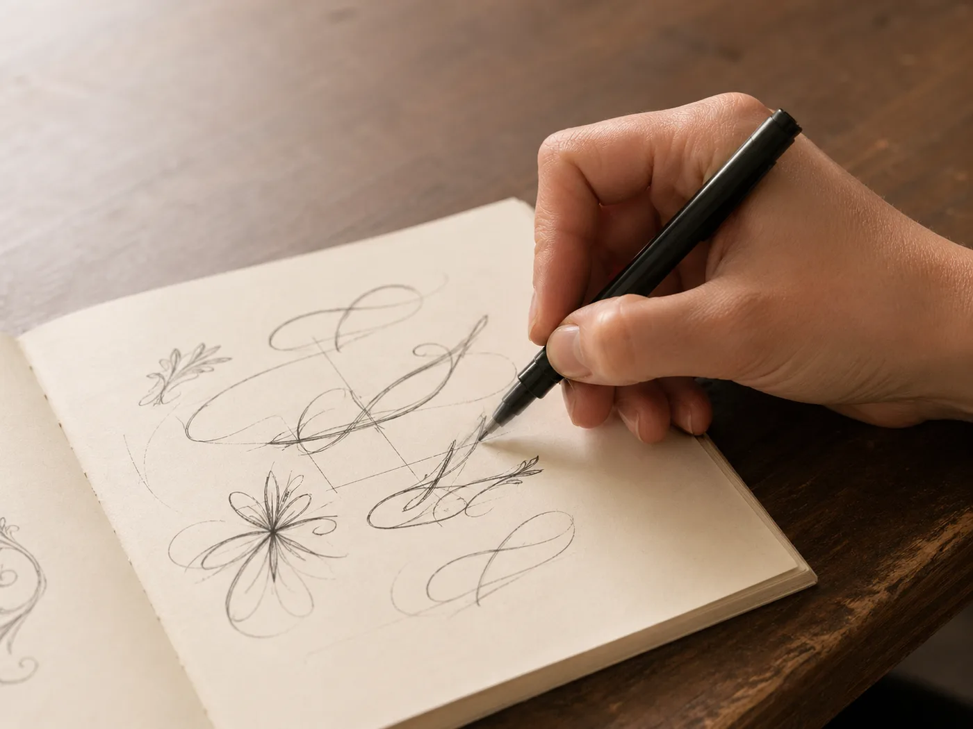 Рука с пером над блокнотом — эскиз для согласования вышивки