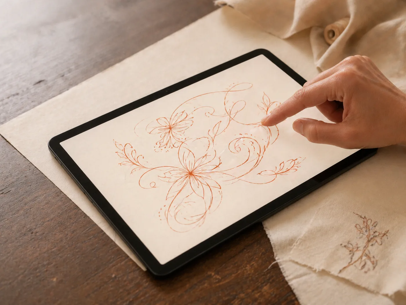 Планшет с эскизом вышивки, палец указывает на деталь