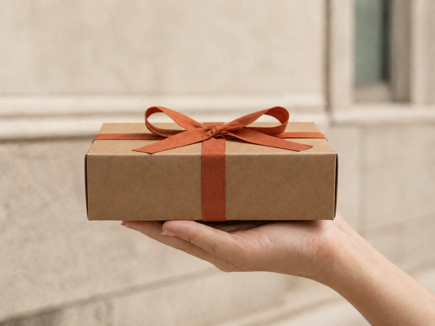 Упакованный подарок в крафт-коробке с терракотовой лентой — момент передачи курьеру